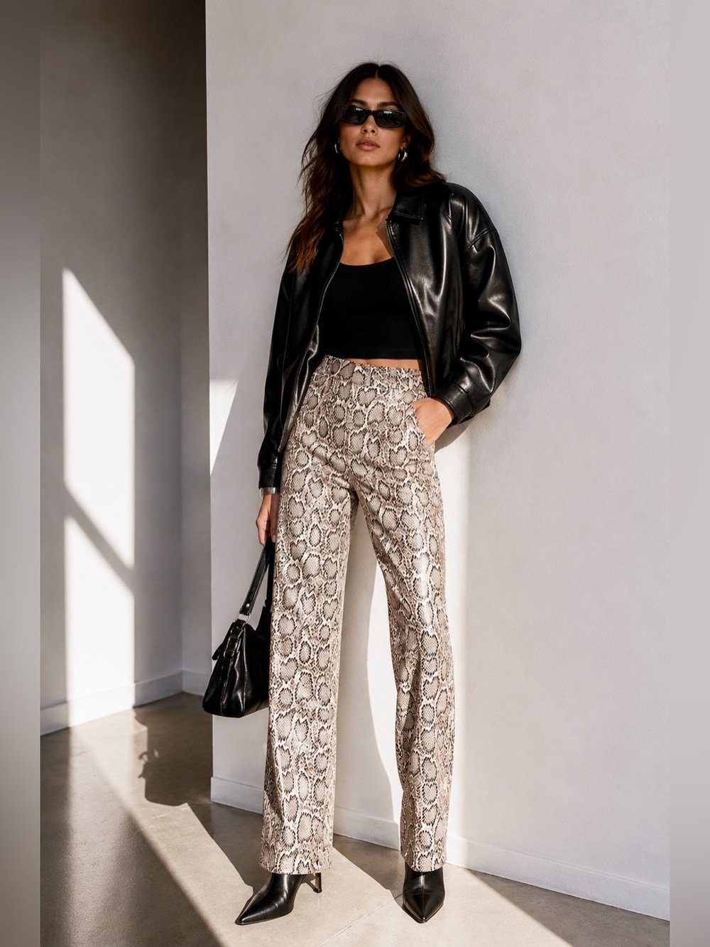 Ronny Kobo Marley Snakeskin High Waisted Faux Leather Pants Taupe Size L NWOT